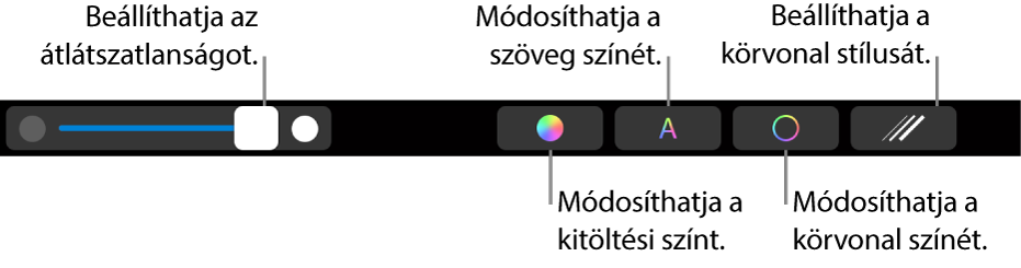 A MacBook Pro Touch Barja egy alakzat átlátszóságának, a kitöltés színének, a szöveg színének, körvonal színének módosításához, illetve körvonal stílusozásához kapcsolódó vezérlőkkel.
