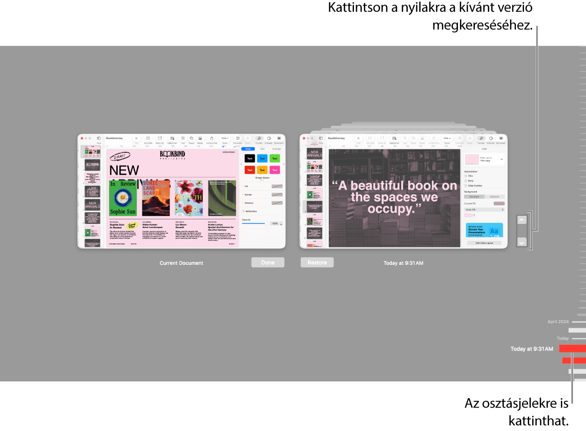 Pipajeleket és nyilakat megjelenítő visszaállítási nézet.