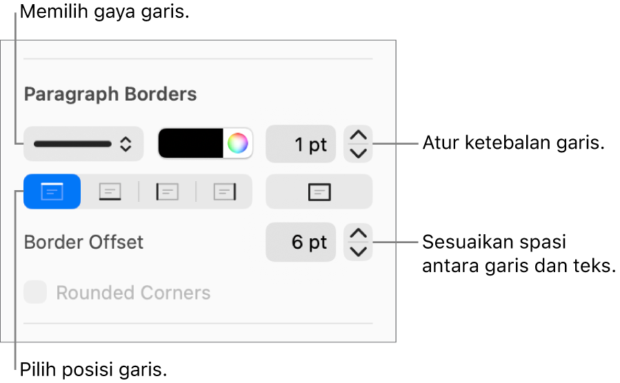 Kontrol untuk mengubah gaya, ketebalan, posisi, dan warna garis.