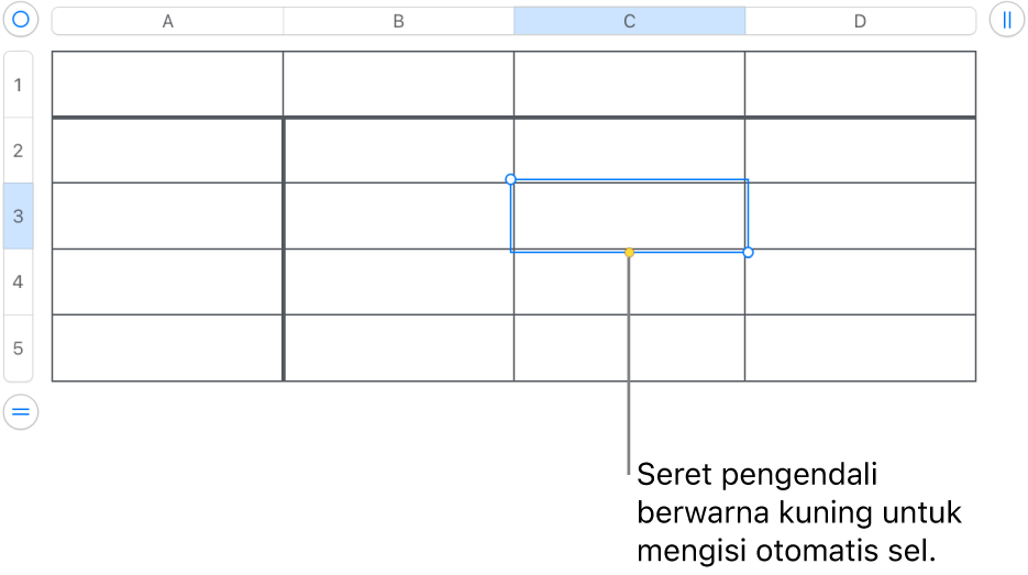 Sel yang dipilih dengan pengendali kuning yang dapat diseret untuk mengisi-auto sel.