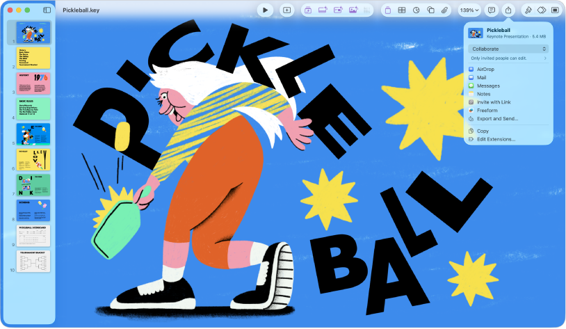 La finestra di Keynote con il menu Condividi aperto dalla barra strumenti.