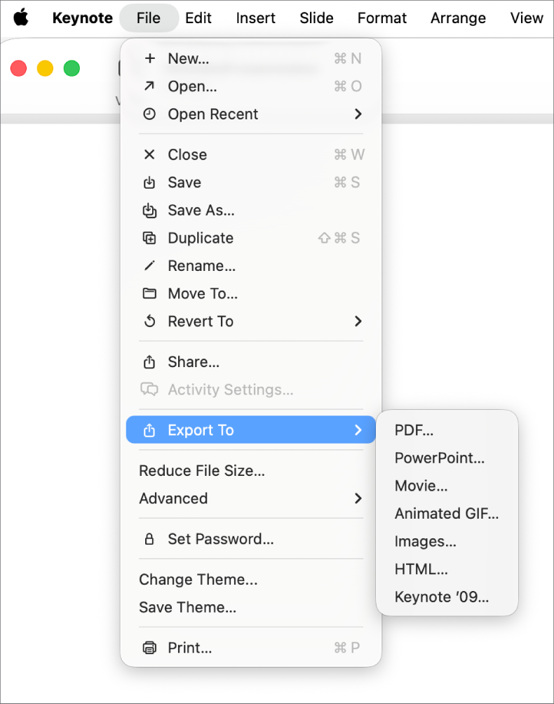 Il menu File aperto con l’opzione “Esporta come” selezionata e il relativo sottomenu che mostra le opzioni di esportazione come PDF, PowerPoint e Filmato.