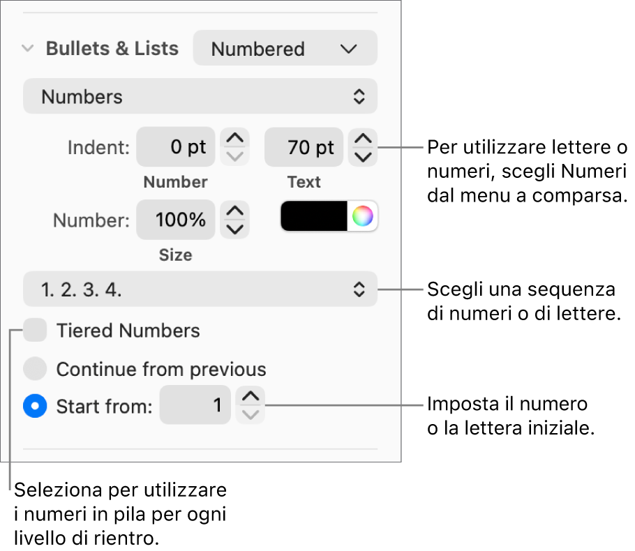 Controlli per modificare lo stile dei numeri e la spaziatura di un elenco.