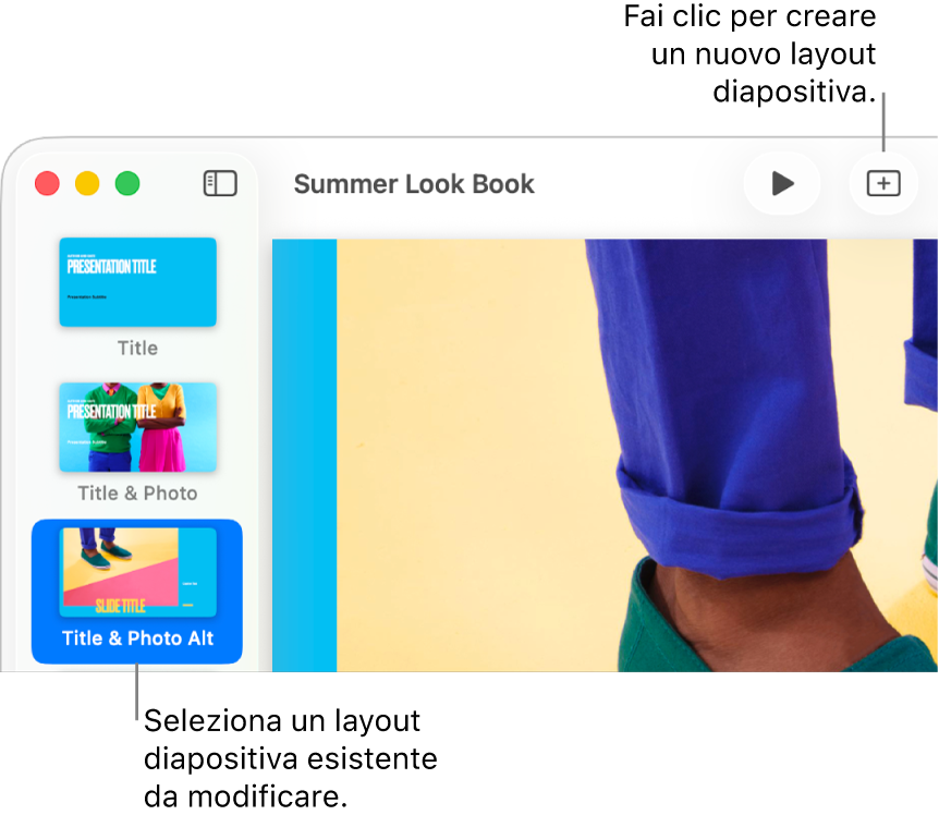 Layout diapositiva nell’area del layout, con il pulsante “Aggiungi diapositiva” nella barra strumenti.