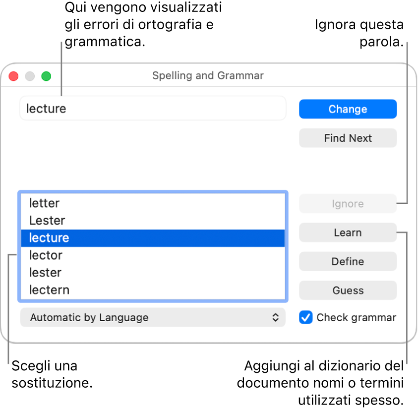Finestra “Ortografia e grammatica”.