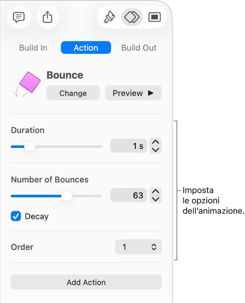 Controlli di Azione nella sezione Animazione della barra laterale.