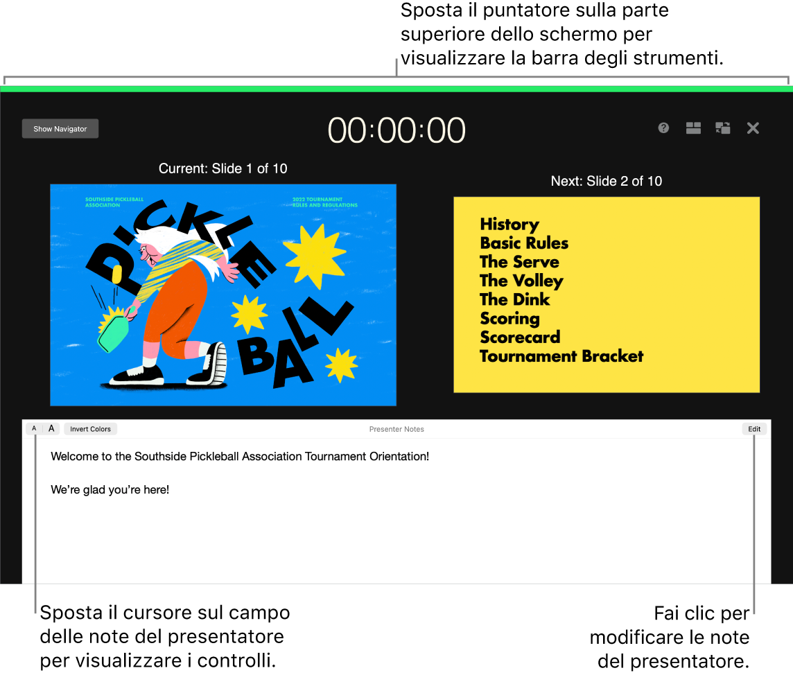 La visualizzazione presentatore di Keynote con i pulsanti per aprire e chiudere il navigatore diapositive e opzioni di visualizzazione lungo la parte superiore dello schermo. La diapositiva attuale e quella successiva sono al centro dello schermo, con il campo delle note del presentatore in basso.