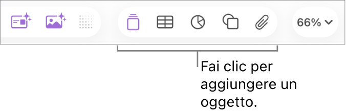 Barra strumenti di Keynote con i pulsanti utilizzati per aggiungere un oggetto a una diapositiva.