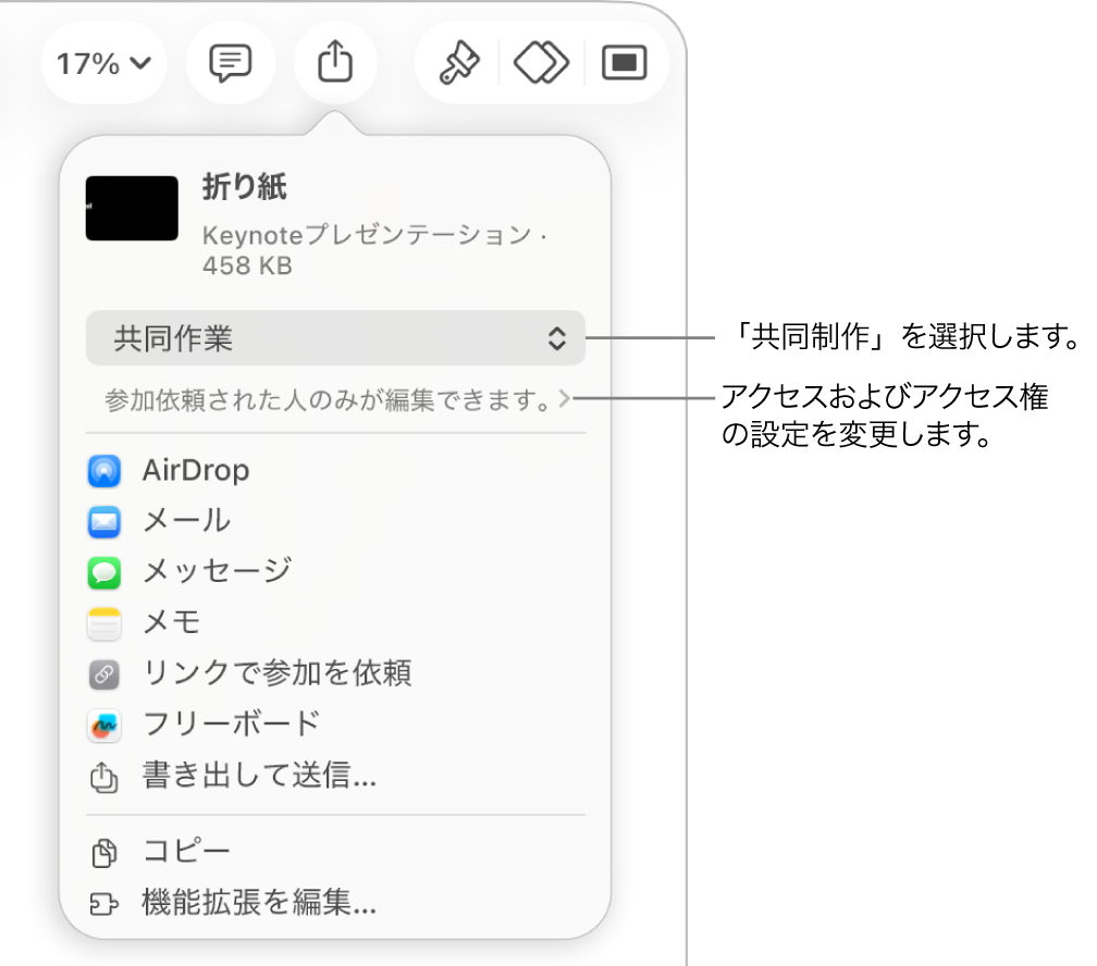 「共有」メニュー。上部の「共同作業」が選択されていて、下に参加対象とアクセス権の設定があります。