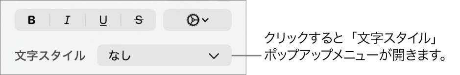 「文字スタイル」ポップアップメニュー。上にはテキストスタイルや色を変更するためのコントロールがあります。