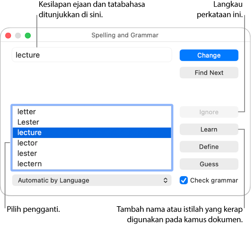 Tetingkap Ejaan dan Tatabahasa.