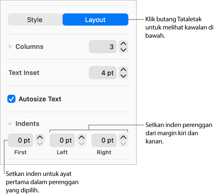Bahagian Tataletak pada bar sisi Format menunjukkan kawalan untuk mengesetkan inden baris pertama dan margin perenggan.