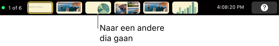 De Touch Bar op een MacBook Pro met regelaars voor het sluiten van de presentatie, het kiezen van andere dia's en het schakelen tussen beeldschermen.