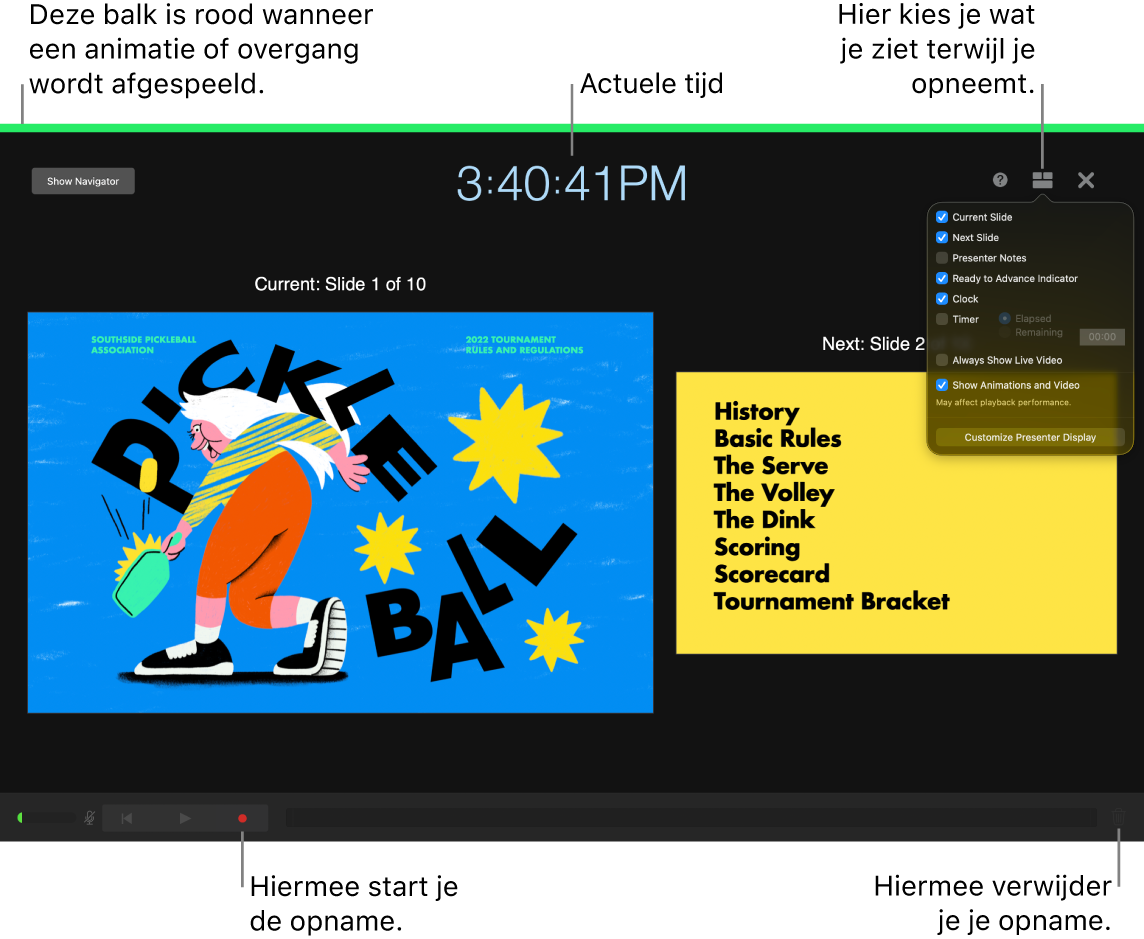 Schermafbeelding van spraakopnamemodus in het presentatorscherm. De huidige en volgende dia, de huidige tijd en de regelaars van het presentatorscherm worden weergegeven. De regelaar waarmee je de opname start en eindigt en de regelaar waarmee je de opname verwijdert worden onderaan weergegeven.