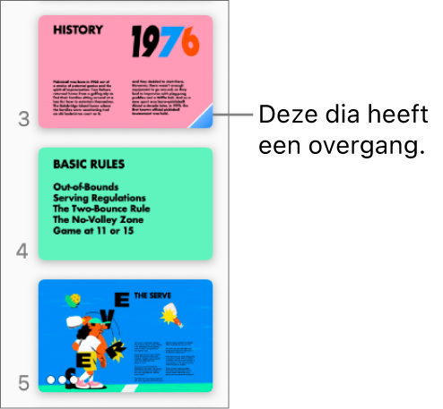 Een blauw driehoekje op een dia betekent dat de dia een overgang heeft.