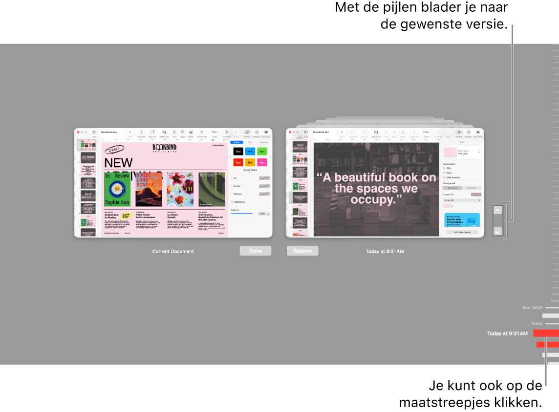 Weergave met maatstreepjes en pijlen voor eerdere versies.