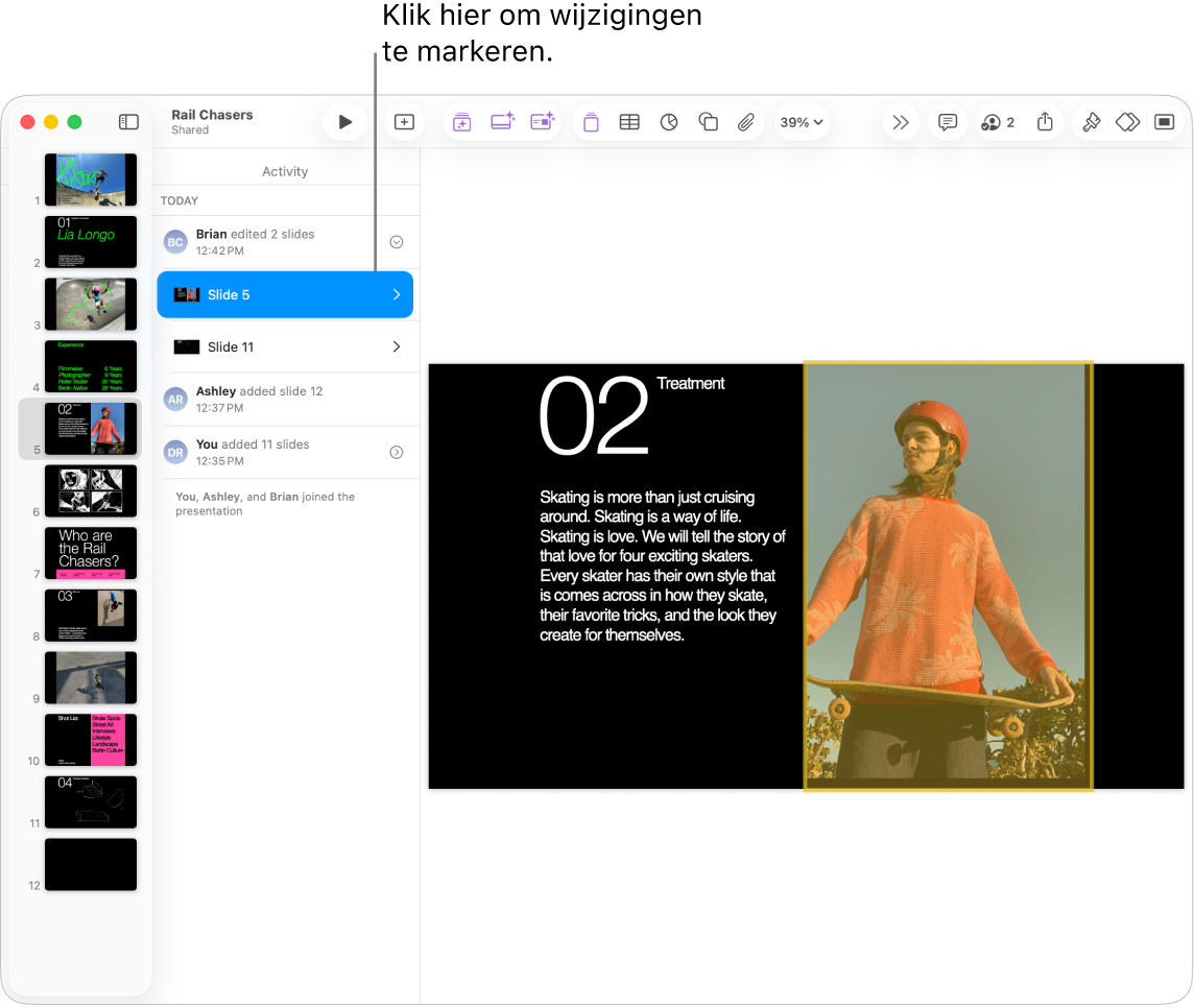 Een gedeelde presentatie waarin het samenwerkingsmenu en de activiteitenlijst beide geopend zijn.