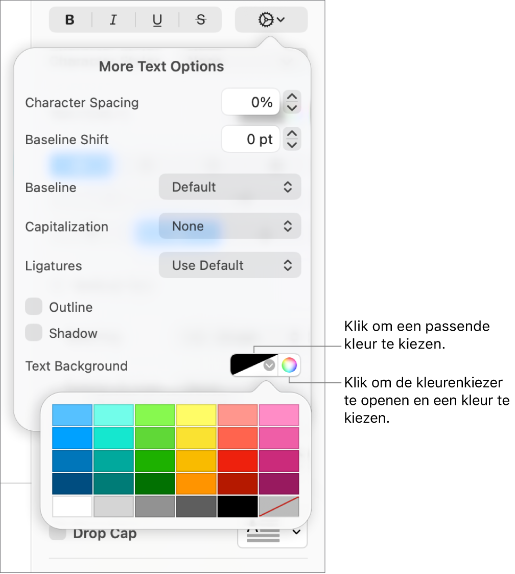 Regelaars voor het kiezen van een achtergrondkleur voor tekst.