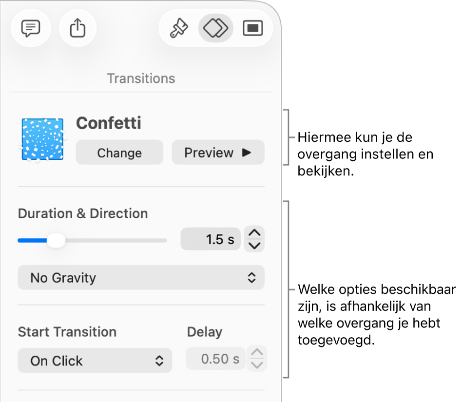 Overgangsregelaars in het gedeelte 'Overgangen' van de navigatiekolom.