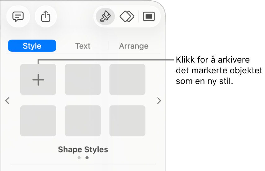 Stil-fanen i Format-sidepanelet, med én tekstrutestil, en Opprett stil-knapp på høyre side og fire tomme stilplassholdere.
