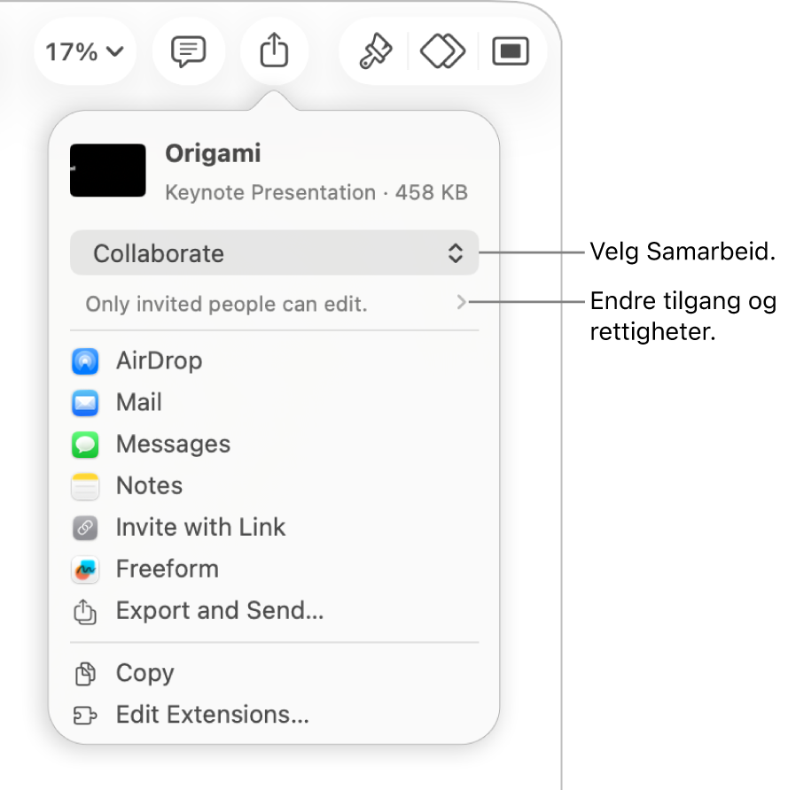 Del-menyen med Samarbeid markert øverst, og tilgangs- og tillatelsesinnstillingene under.