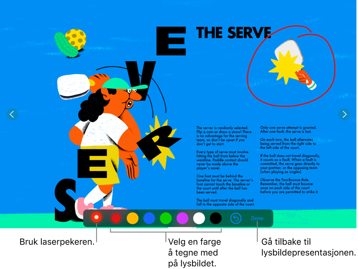 Et lysbilde i lysbildetegningmodus som viser laserpekeren og fargevalgskontroller.