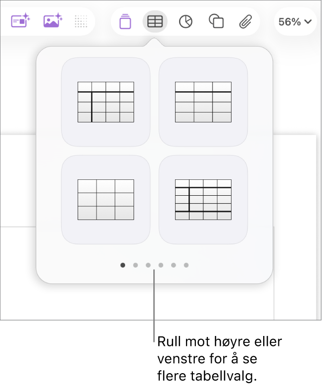 Legg til tabell-panelet, med navigeringspiler til venstre og høyre.