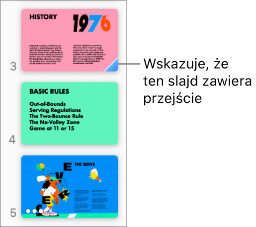 Niebieski trójkąt na slajdzie wskazuje, że do slajdu dodane zostało przejście.