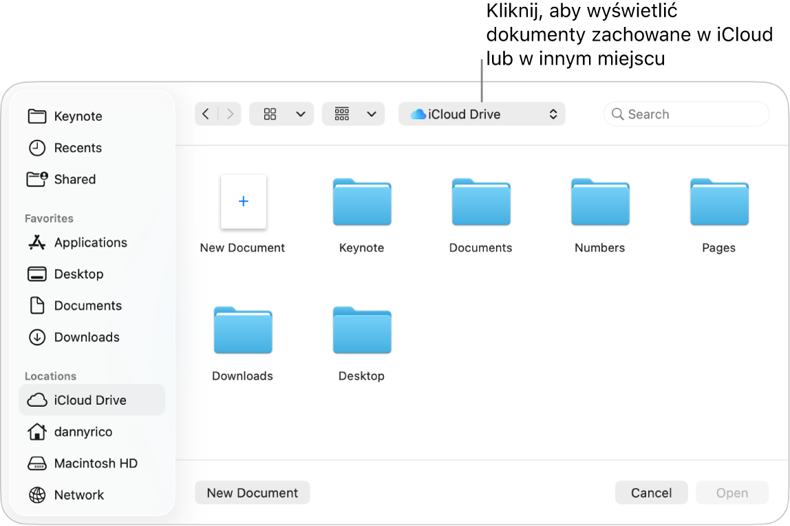 Okno dialogowe Otwórz z paskiem bocznym widocznym po lewej. W menu podręcznym znajdującym się na górze wybrana jest opcja iCloud Drive. W oknie dialogowym widoczne są foldery Keynote, Numbers i Pages, a także przycisk Nowy dokument.