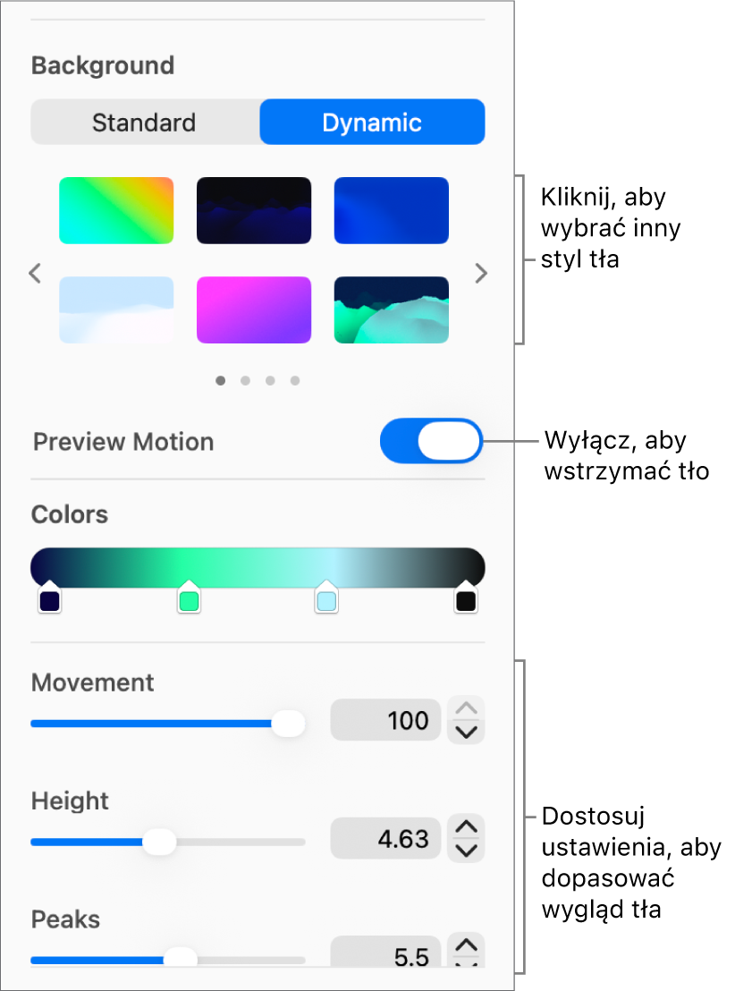 Przycisk Dynamiczny zaznaczony w sekcji Tło na pasku bocznym Format z pokazanymi dynamicznymi stylami tła, narzędziem Podgląd ruchu i narzędziami wyglądu.