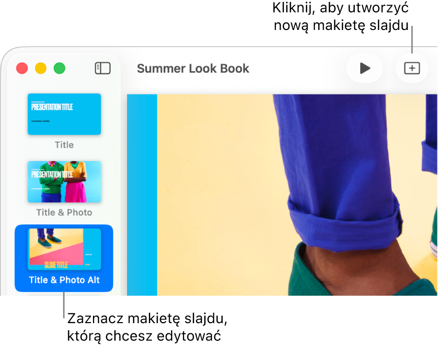 Makieta slajdu, wyświetlana na obszarze roboczym. Powyżej, na pasku narzędzi, widoczny jest przycisk Dodaj slajd
