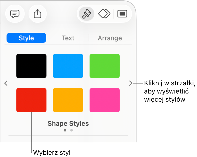 Karta Styl na pasku bocznym Format, zawierająca sześć stylów obiektu oraz strzałki nawigacji po lewej i po prawej.