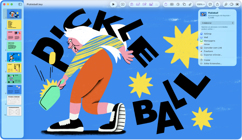 Uma janela do Keynote com o menu Compartilhar aberto a partir da barra de ferramentas.