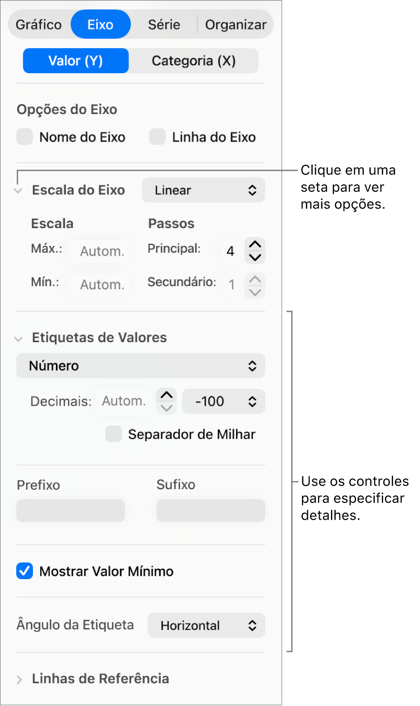 Controles para formatação de marcações de eixo do gráfico.
