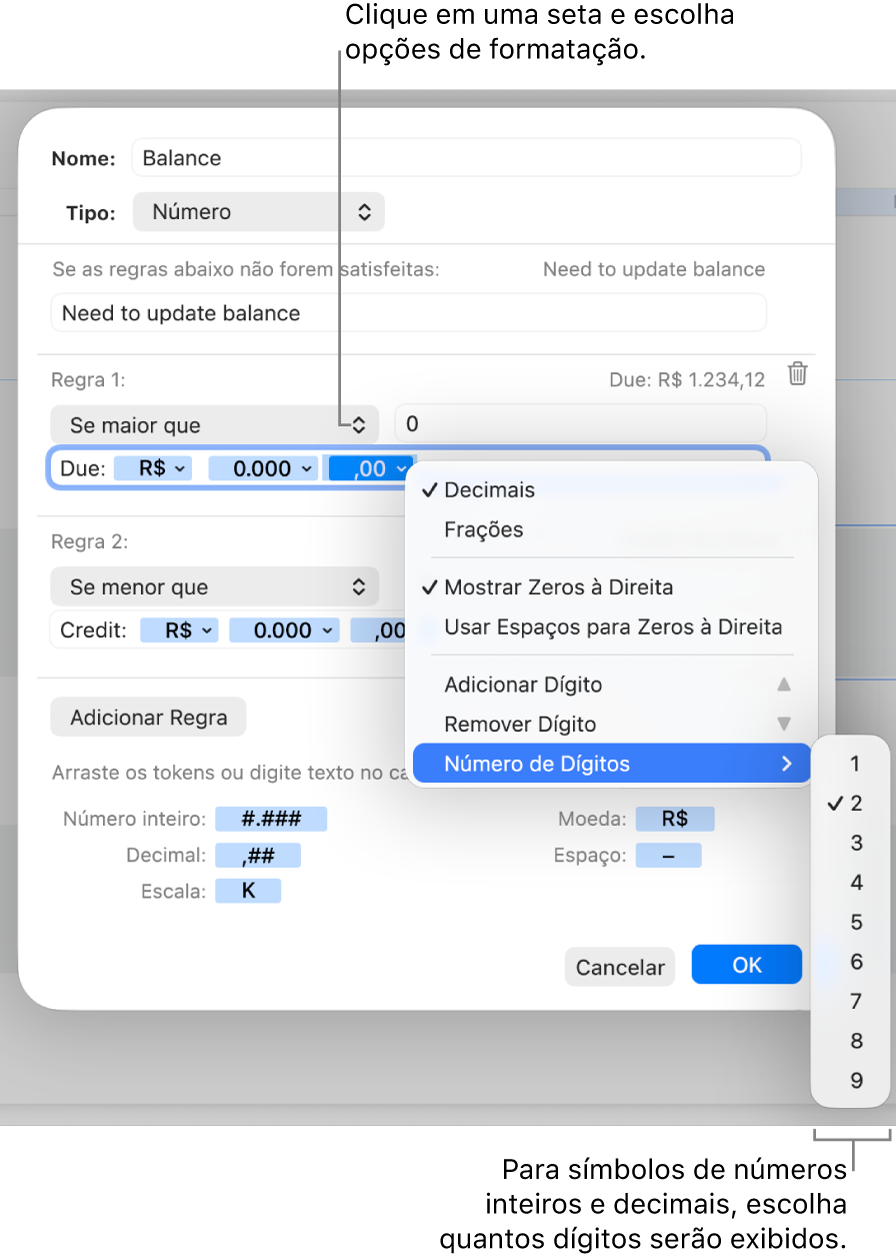 Janela de formato personalizado de célula, com controles para criar um formato de número personalizado.