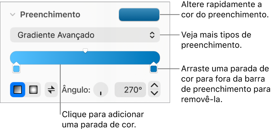 Controles para preenchimento de objetos com cores.