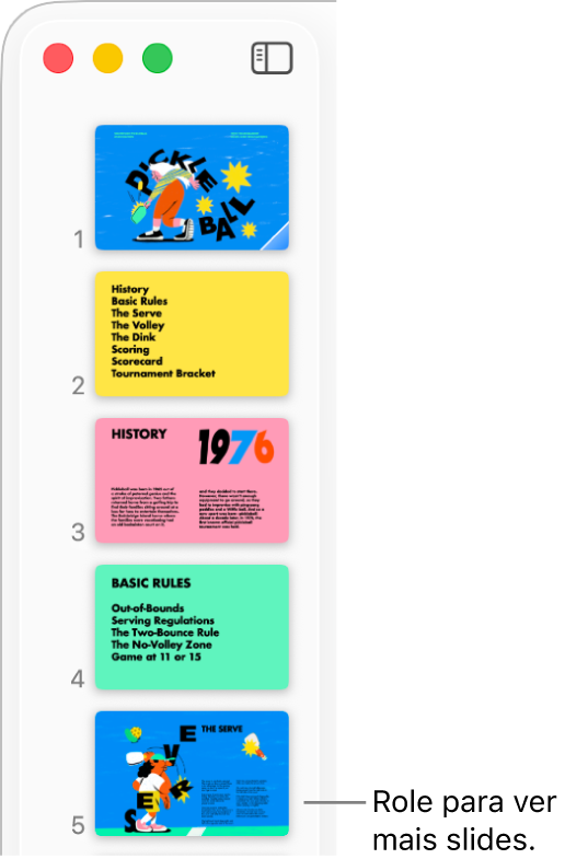 Navegador de slides mostrando cinco slides na vertical em ordem sequencial, com a opção de rolar para baixo para visualizar mais slides.