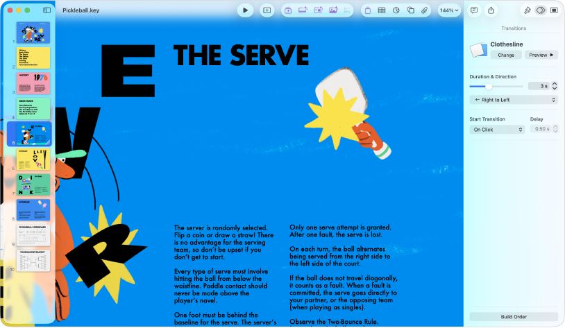 A janela do Keynote com um diapositivo selecionado no navegador de diapositivos no lado esquerdo do ecrã. Os controlos “Transições” aparecem na barra lateral “Animação” que está aberta no lado direito do ecrã.