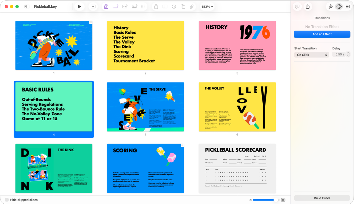 Vista da mesa luminosa a apresentar nove diapositivos horizontalmente em duas linhas, com opções para alterar o aspeto do tema na barra lateral “Formatação” no lado direito do ecrã.