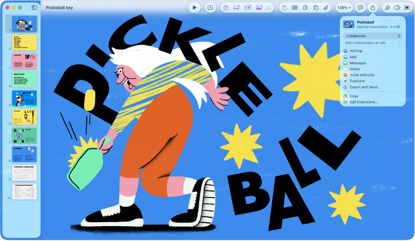 A janela do Keynote com o menu Partilhar aberto na barra de ferramentas.