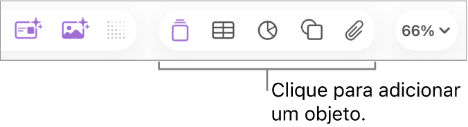 A barra de ferramentas do Keynote, a mostrar os botões utilizados para adicionar um objeto a um diapositivo.