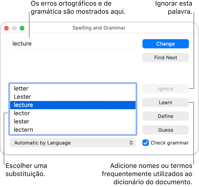 A janela “Ortografia e gramática”.