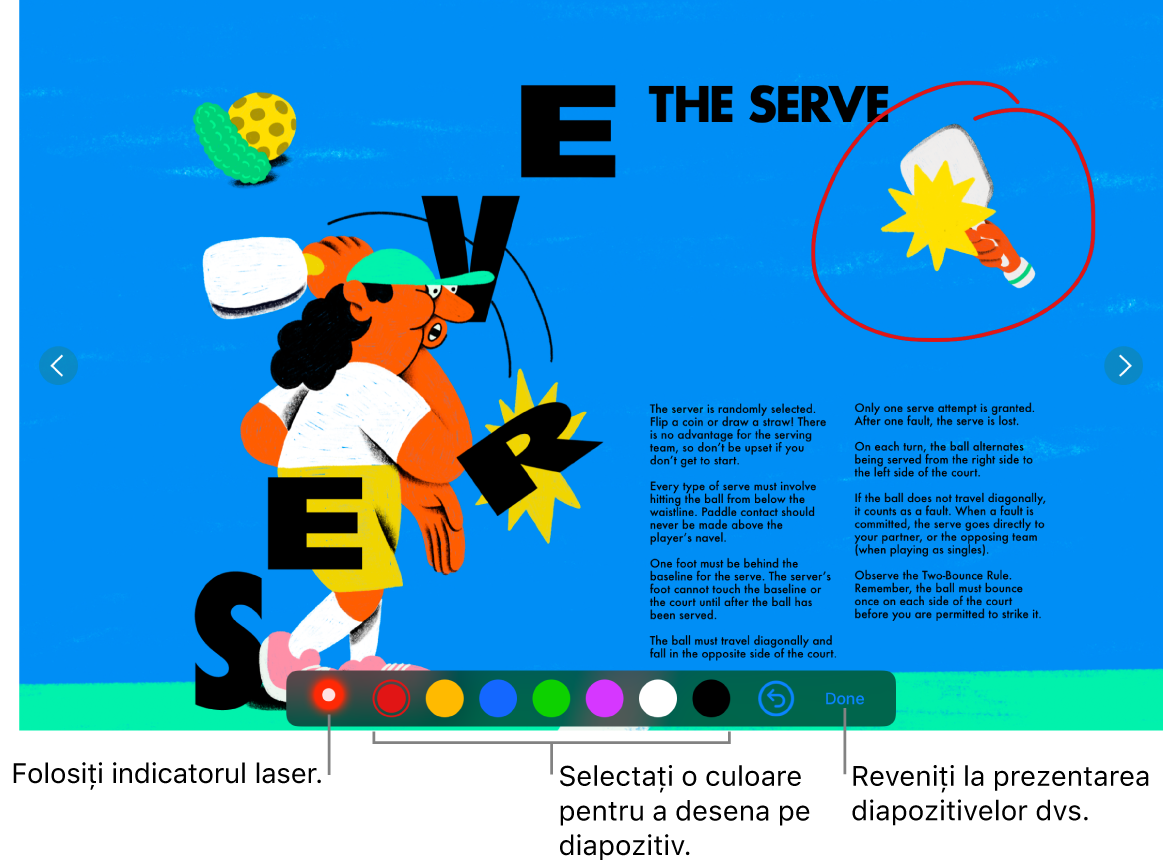 Mod de ilustrare diapozitiv în diapozitiv afișând indicatorul laser și comenzile de selectare a culorii.