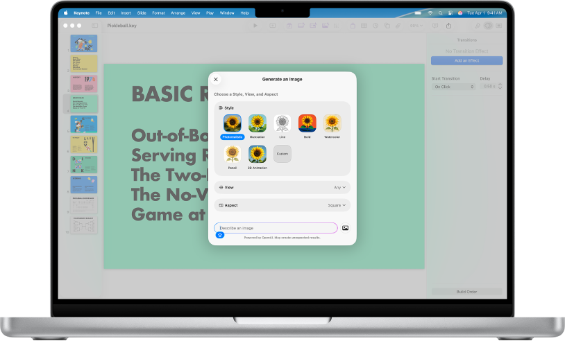 Caseta de dialog „Generați o imagine”, prezentând opțiuni pentru generarea unei imagini pe baza unei descrieri text.