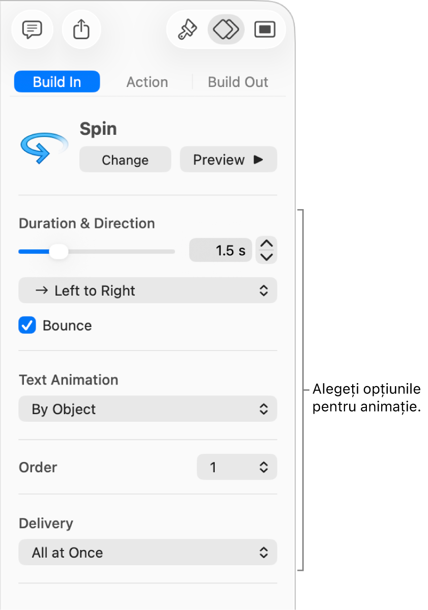 Opțiunile Intrare din secțiunea Animare din bara laterală.