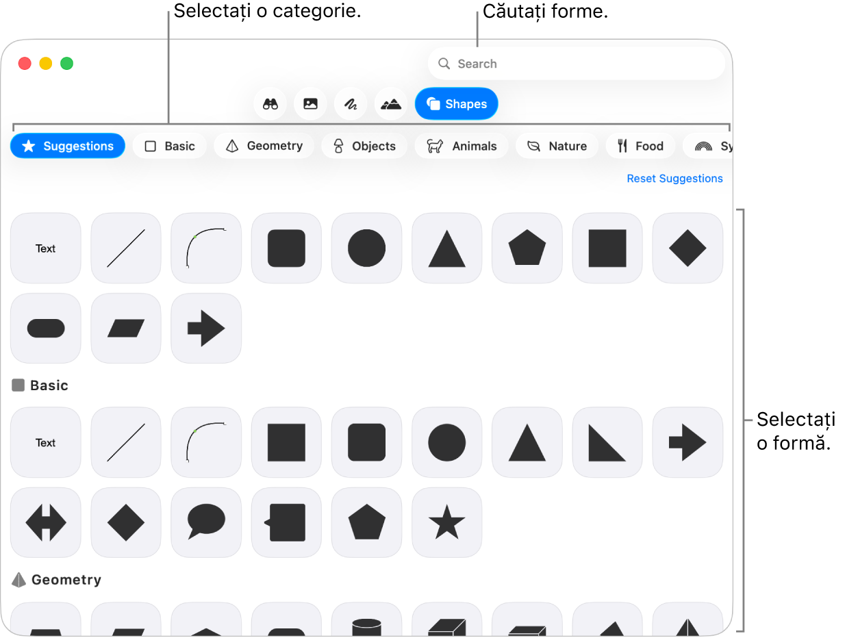 Biblioteca de forme, cu categoriile enumerate în partea stângă și formele afișate în partea dreaptă. Puteți utiliza câmpul de căutare din partea de sus pentru a găsi forme și derulați pentru a vedea mai multe.