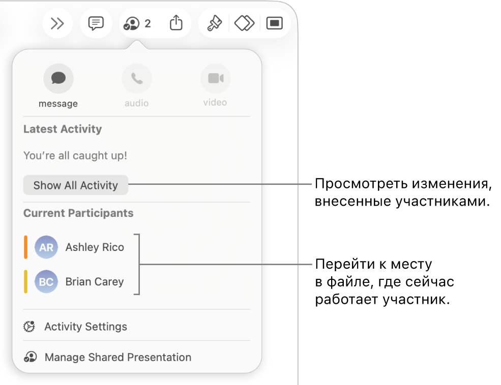 В меню совместной работы показаны двое активных участников.