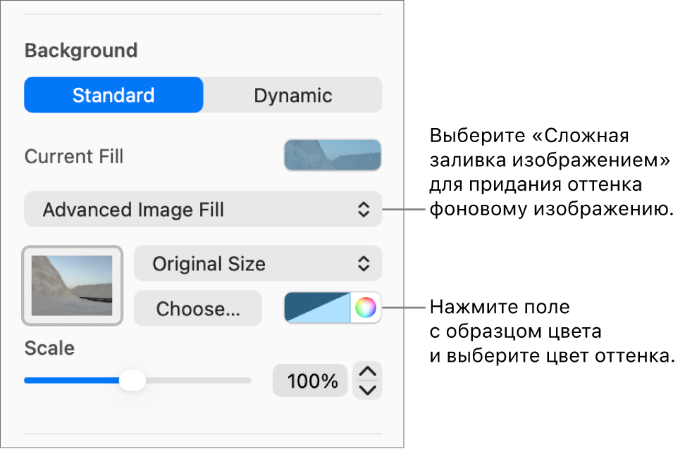 Показаны элементы управления фоном. В качестве фона слайда выбран вариант «Сложная заливка изображением» с тоном.