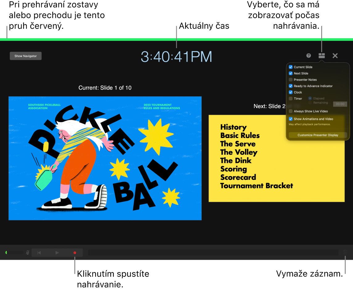 Snímka obrazovka režimu hlasového záznamu na displeji prezentátora. Sú viditeľné aktuálna a nasledujúca snímka, aktuálny čas a ovládanie displeja prezentátora. Ovládanie sa spustenie a ukončenie záznamu a ovládanie na vymazanie záznamu sa zobrazuje v blízkosti dolnej strany displeja.