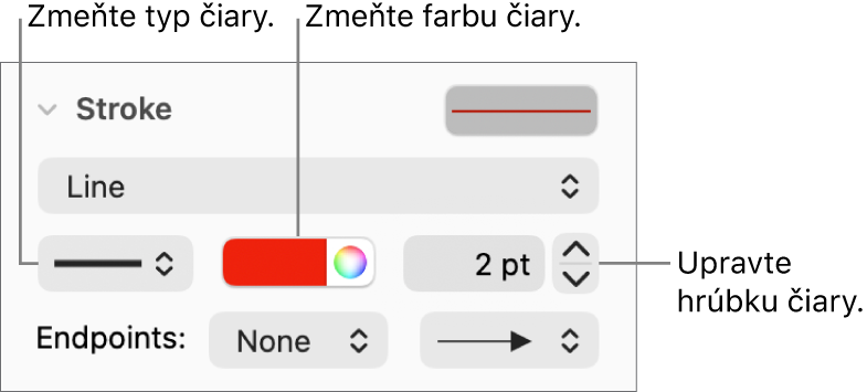 Ovládacie prvky ťahu pre nastavenie koncových bodov, hrúbky čiary a farby.